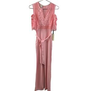NWT Pinko Pink Short Lace Sleeve Cold Shoulder V-Neck Tie Waist Jumpsuit Sz 8